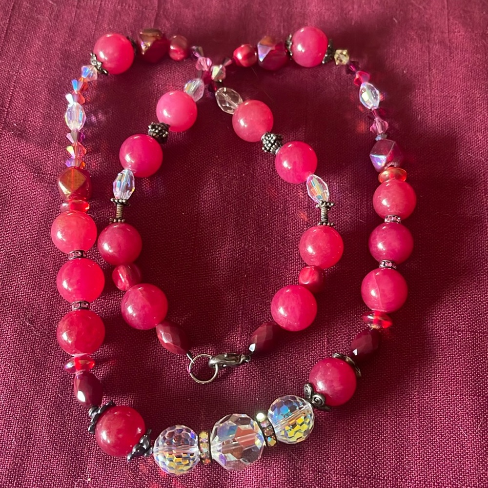 Vtg Cherry Stone & AB Crystal Necklace, Handmade/Strung